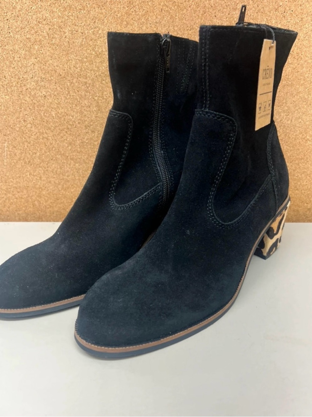 NWT! Crevo Black Suede Ankle Boots with Leopard-Print Block Heel